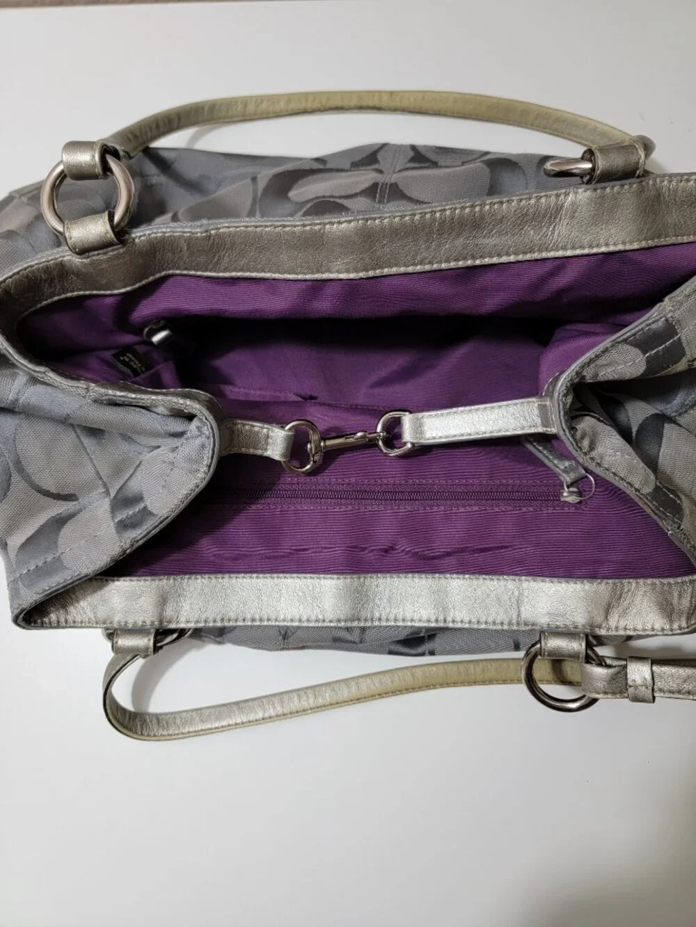 Coach Gabby Signature Gray Silver Carryall Tote Bag Purple Lining F14863 Large